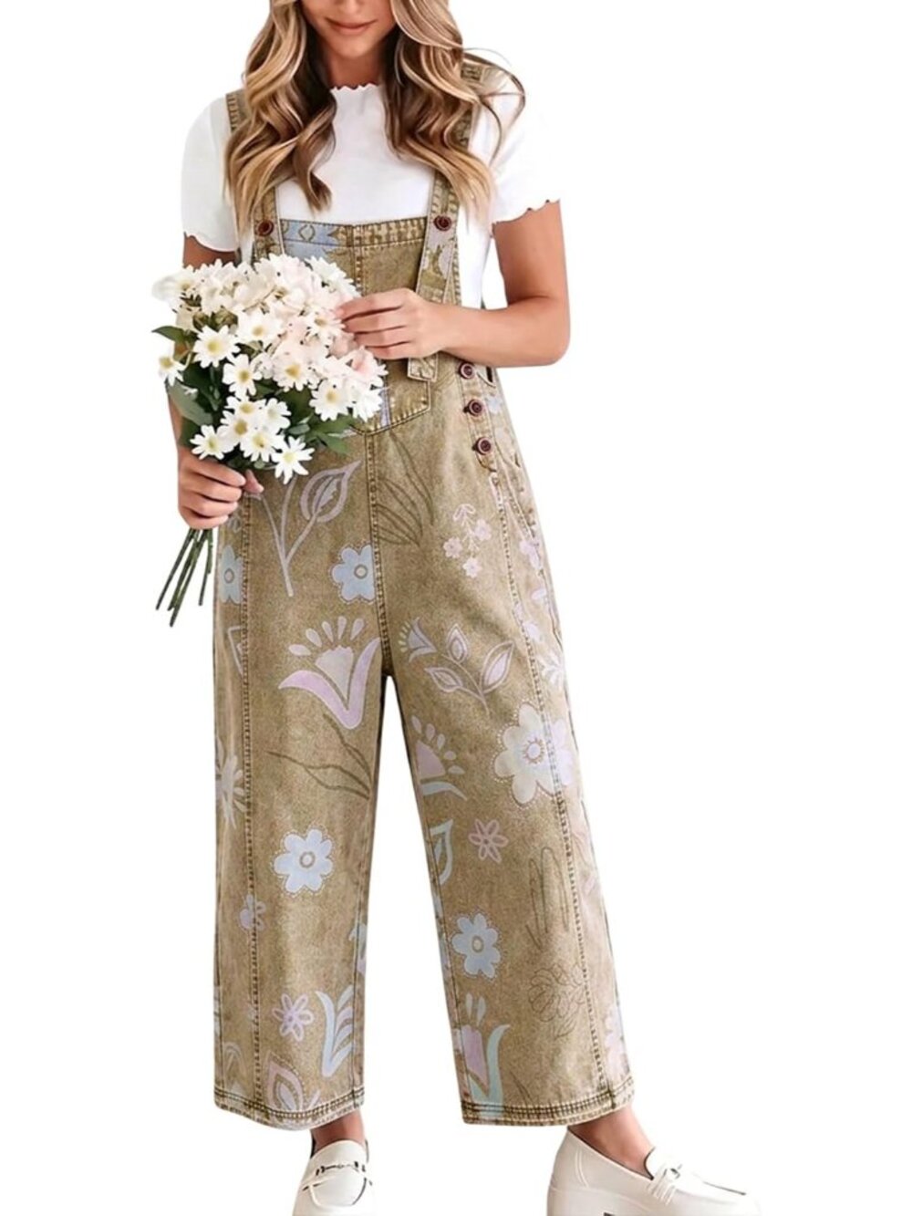 Women's Khaki Baggy Floral Denim Bib Overalls Jeans Y2K Wide Leg Jumpsuits